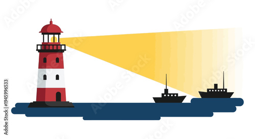 Lighthouse guiding ships at sea with beam of light, vector illustration