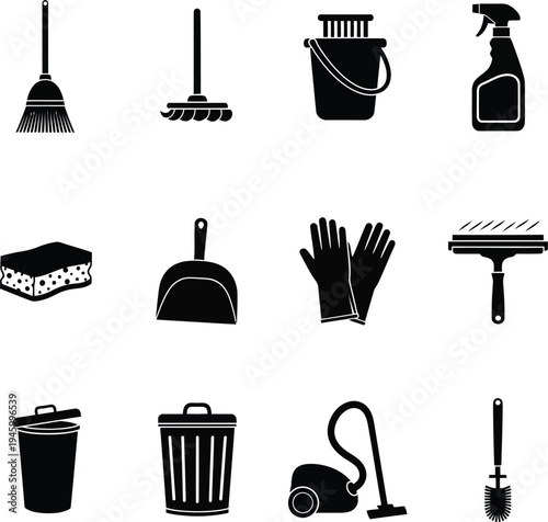 Cleaning supplies and tools icons
