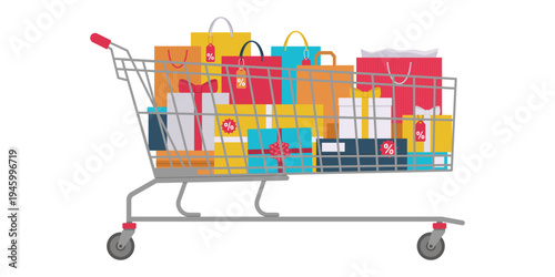 Extra large shopping cart filled with shopping bags, gifts and boxes