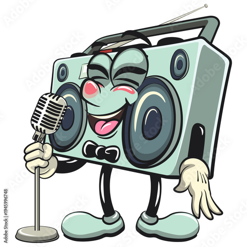 cute retro boombox radio mascot character on front of the mic, isolated vector illustration, work of hand drawn