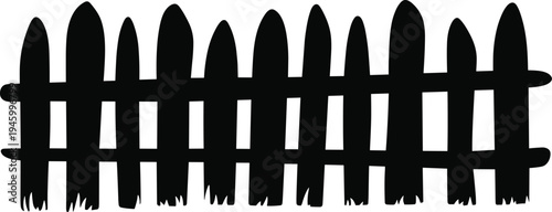 Wooden picket fence silhouette with rustic pointed slats, outdoor boundary design, garden enclosure, architectural element, simple decorative illustration