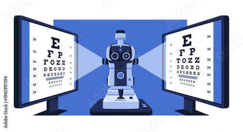 Innovative Eye Examination Illustration Featuring Modern Technology and Vision Charts Design