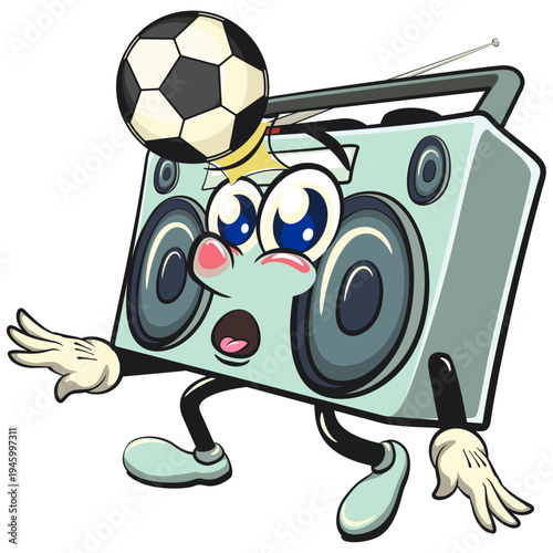 cute retro boombox radio mascot character heading a soccer or football, isolated vector illustration, work of hand drawn