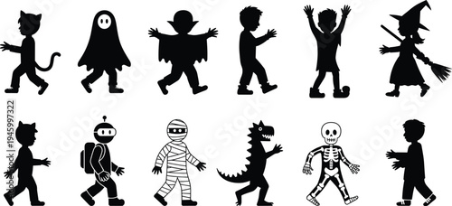 Halloween children costumes silhouettes, spooky kids dressed as cat, ghost, vampire, zombie, witch, robot, mummy, dinosaur, skeleton