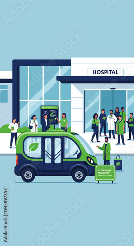 Innovative Green Transport Delivering Patients to Modern Hospital in Sustainable Ecological Style