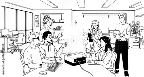 Diverse Gen Z Creative Team Collaborating Around Hologram Projector in Modern Hybrid Office, Innovative Technology and Teamwork in Saturated Colors