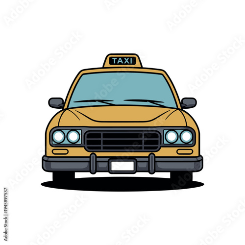 A cartoon illustration of a yellow taxi cab with its headlights on and a black grill