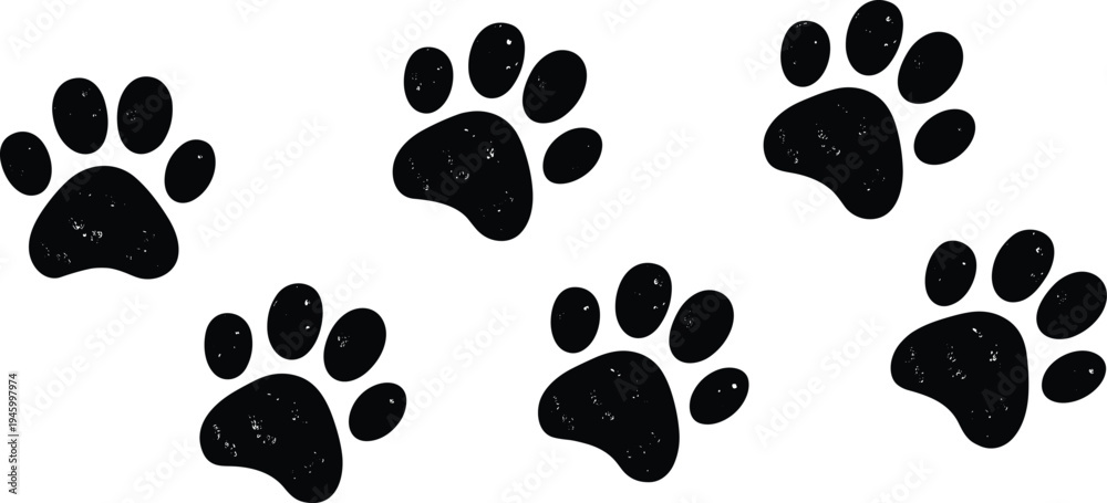Fototapeta premium Silhouettes of dog and cat paw prints, textured vector illustration for pets, wildlife, tracking, nature, logo, emblem, design, decoration