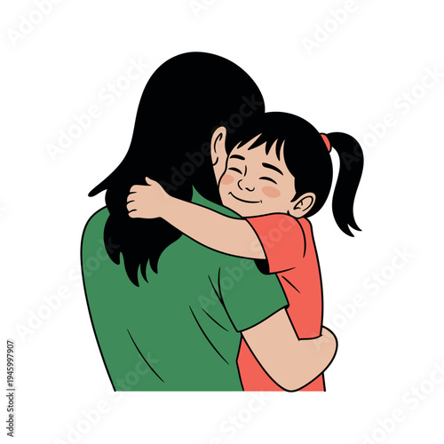 A woman hugging a little girl with a warm and loving embrace