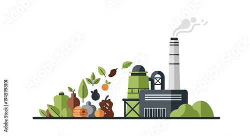 Industrial factory processing organic waste into resources, sustainability concept
