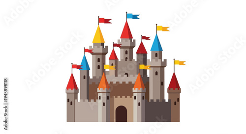 Fairy Tale Castle with Colorful Flags, Medieval Fortress, Fantasy Architecture