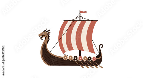 Viking Ship Illustration - Dragon Head Longship with Red and White Sail