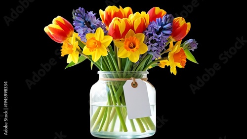 Eye-level medium close-up of a vibrant spring bouquet with yellow tulips, daffodils, and purple hyacinths in a clear glass jar with a blank white tag on a white background under bright natural light