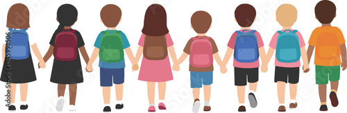 Diverse group of primary school children holding hands and walking together showing rear view perspective isolated flat vector illustration for friendship and education concepts.