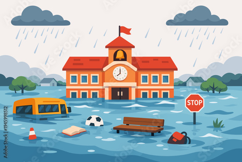 Flat vector illustration of a school building and yellow bus submerged in deep floodwater during heavy rain with floating school supplies, soccer ball, backpack, and stop sign after a storm.