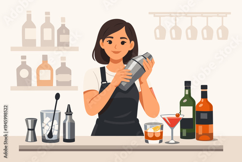 A professional female bartender in a black apron shaking a cocktail shaker behind a bar counter with bottles, glasses, and tools in a clean flat vector illustration style on a light background.
