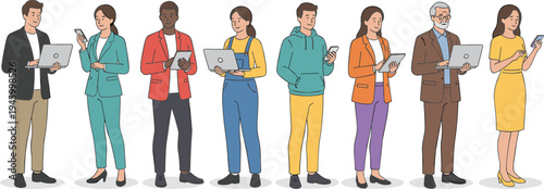 Diverse group of professional people character set using laptops, tablets, and smartphones for remote work, technology, and online communication isolated flat vector illustration.