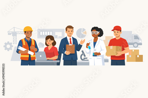 Diverse Group of Professionals from Various Industries Including Construction, Science, Business, Logistics, and Office Work, Teamwork and Career Diversity Concept Flat Vector Illustration