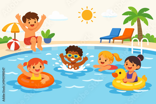 Happy diverse children playing and swimming in a backyard pool during summer vacation. Kids jumping, floating on inflatable rings, and splashing in the water under a bright sun and palm tree.