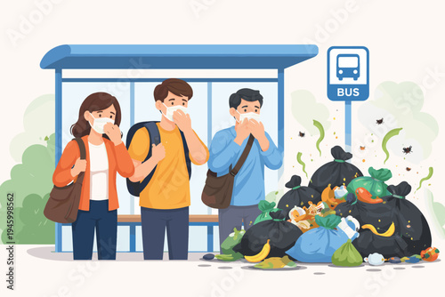 People Wearing Protective Face Masks to Block Foul Odors from a Large Pile of Smelly Garbage and Waste at a City Bus Stop, Illustrating Urban Pollution, Waste Management Issues, and Public Health