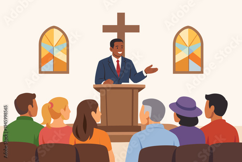 African American pastor in a suit preaching from a wooden pulpit in a church with a cross and stained glass windows, diverse congregation listening to the sermon, flat vector illustration.