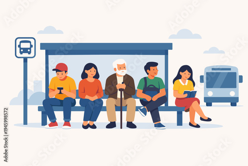 Diverse group of people sitting and waiting at a city bus stop shelter for public transportation service, flat vector illustration of commuters, elderly man, students, and workers in urban scene