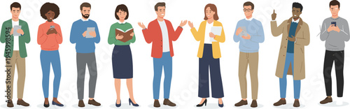 Diverse group of people using smartphones and tablets for social media communication and digital reading isolated flat vector illustration for modern technology concepts.