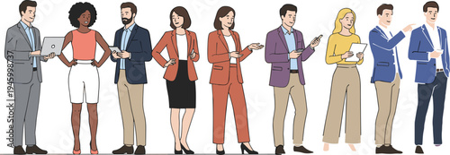 Modern workspace equipment set with laptop, smartphone, digital tablet, headphones, and computer peripherals in flat style isolated vector illustration for home office technology.