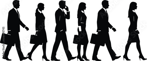 Diverse business people silhouettes walking with briefcases and talking on phone isolated black vector illustration for corporate movement and office life.