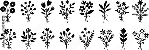 Silhouettes of flower bouquet arrangements with ribbons, botanical vector illustration for floral design, decoration, wedding, nature, art, craft, pattern