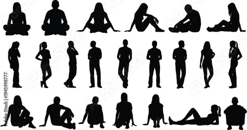 Sitting people silhouettes collection, men and women relaxed poses set, casual human figures seated isolated black illustration bundle