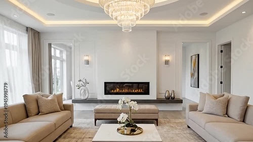 Elegant modern living room interior with luxurious crystal chandelier, comfortable sofas, and contemporary electric fireplace.