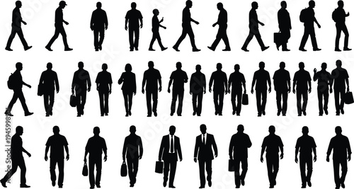 walking people silhouettes set, business and casual men figures, pedestrian movement collection, isolated black human characters, urban lifestyle illustration