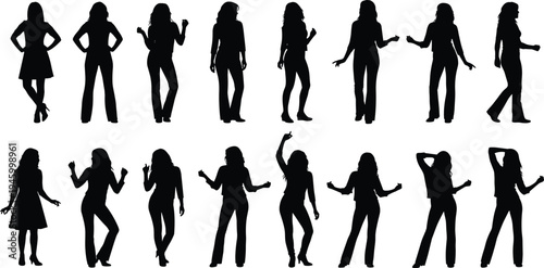 Women silhouettes collection, dancing female figures set, stylish girl poses black shadow outlines isolated, fashionable women silhouette bundle