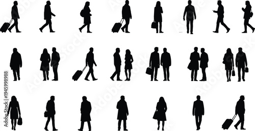 Travel people silhouettes collection, passengers walking with luggage bags, airport traveler figures set, business trip lifestyle isolated black illustration