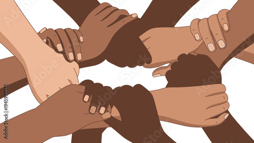 Diverse Hands Interlocking In Circle Symbolizing Unity And Togetherness vector illustration