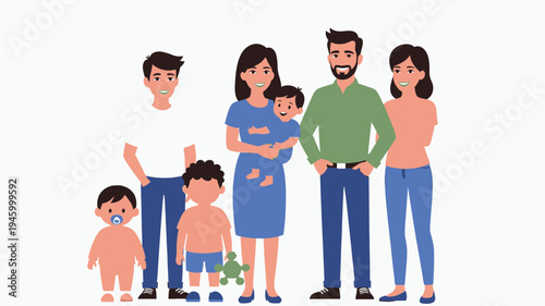 Happy Multi-Generational Family Poses Together vector illustration