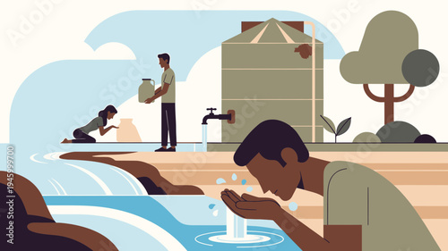 Community Water Collection and Conservation in Arid Environment vector illustration