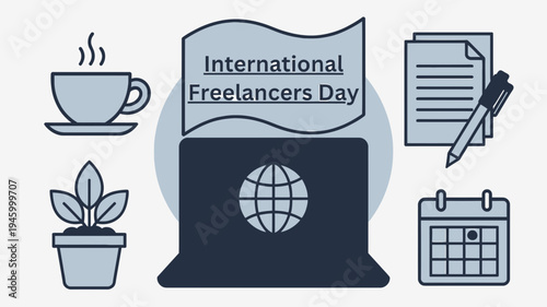 International Freelancers Day - Laptop Coffee Calendar Plant Document Icons vector illustration