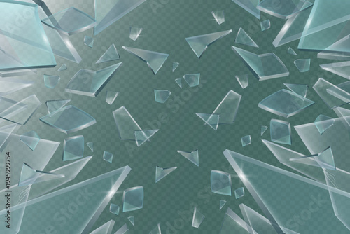 Broken blue glass shards flying on transparent background
