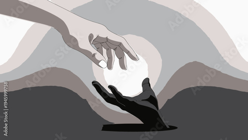 Reaching Hands Connecting Across Abstract Landscape vector illustration