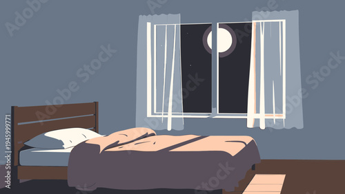 Minimalist Bedroom Scene With Moonlit Window vector illustration