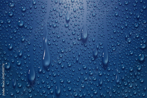 Realistic water droplets texture showing rain drops on blue glass background.