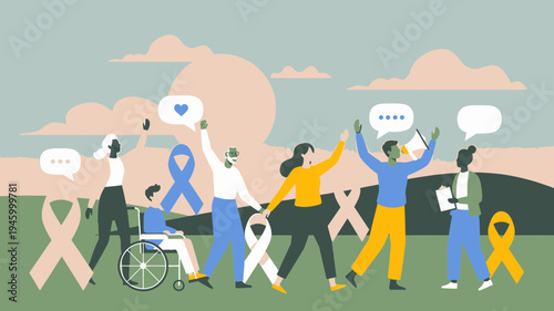 Diverse Group Holding Hands With Awareness Ribbons And Speech Bubbles vector illustration