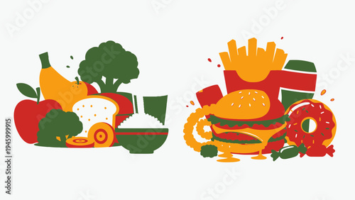 Healthy Food vs. Unhealthy Food Comparison vector illustration