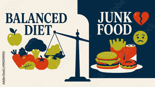 Balanced Diet Vs. Junk Food Comparison vector illustration