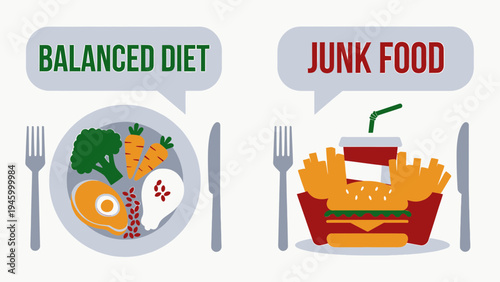 Balanced Diet vs. Junk Food Comparison vector illustration