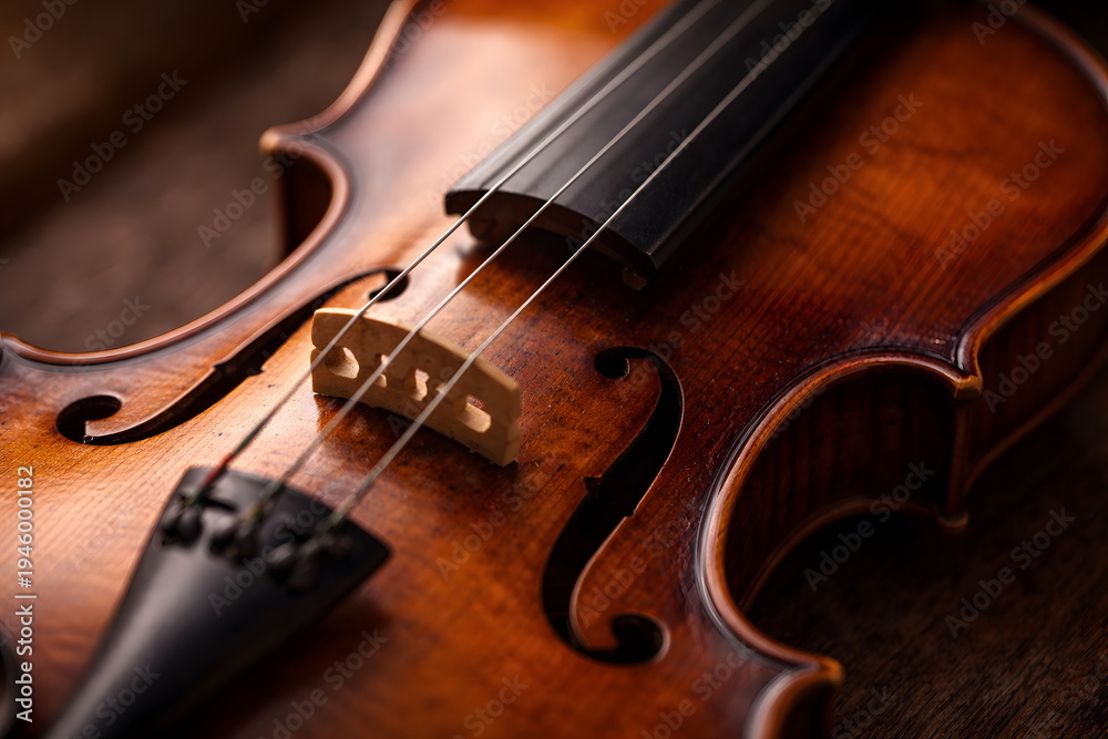 Fototapeta premium Close up view of a classical violin showing elegant wooden texture and strings.