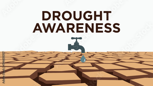 Drought Awareness - Dry Cracked Earth and Dripping Faucet vector illustration