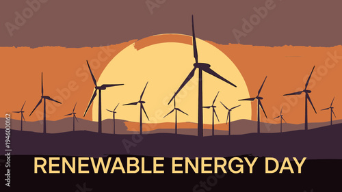 Renewable Energy Day - Wind Turbines at Sunset vector illustration